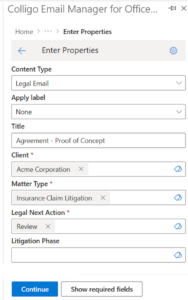 Colligo Email Manager sample screen where metadata is applied - screenshot