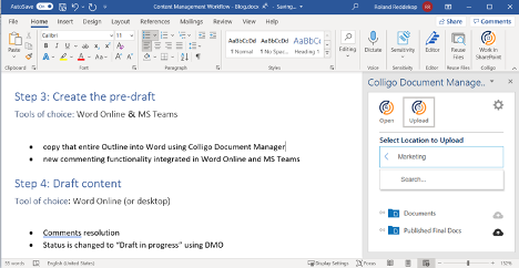 Screenshot of uploading Word document to SharePoint with Colligo Office Connect