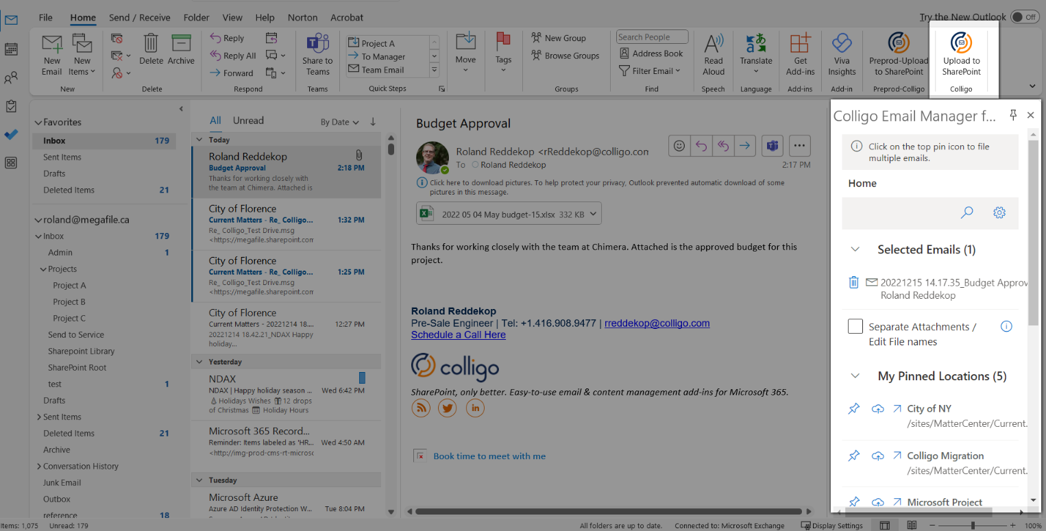Colligo appears automatically in your Outlook ribbon -screenshot