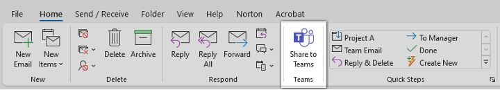 The Share to Teams add-in button added to the Outlook ribbon.