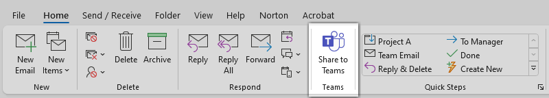 This Share to Teams add-in button added to the Outlook ribbon.